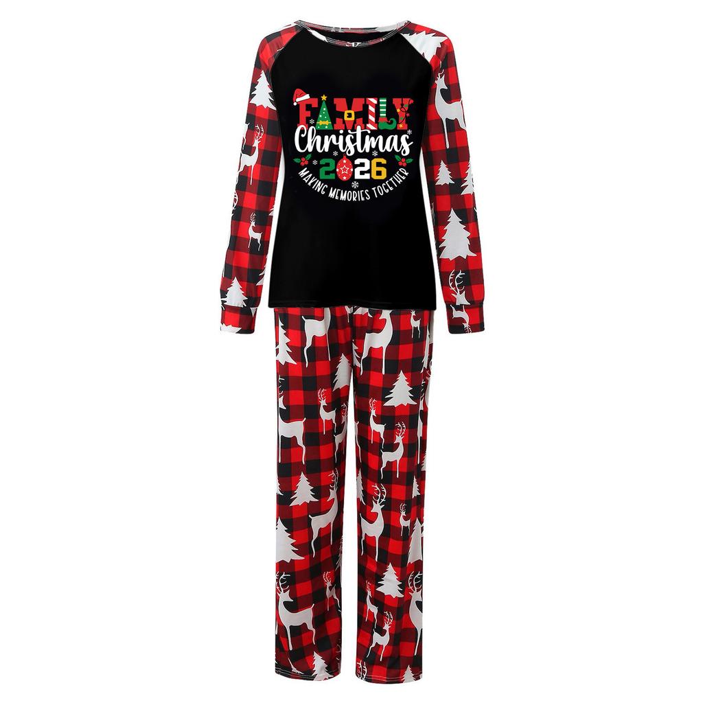 Family Matching Christmas Print Pajama Set with Round Neck Long Sleeve Top and Long Pants