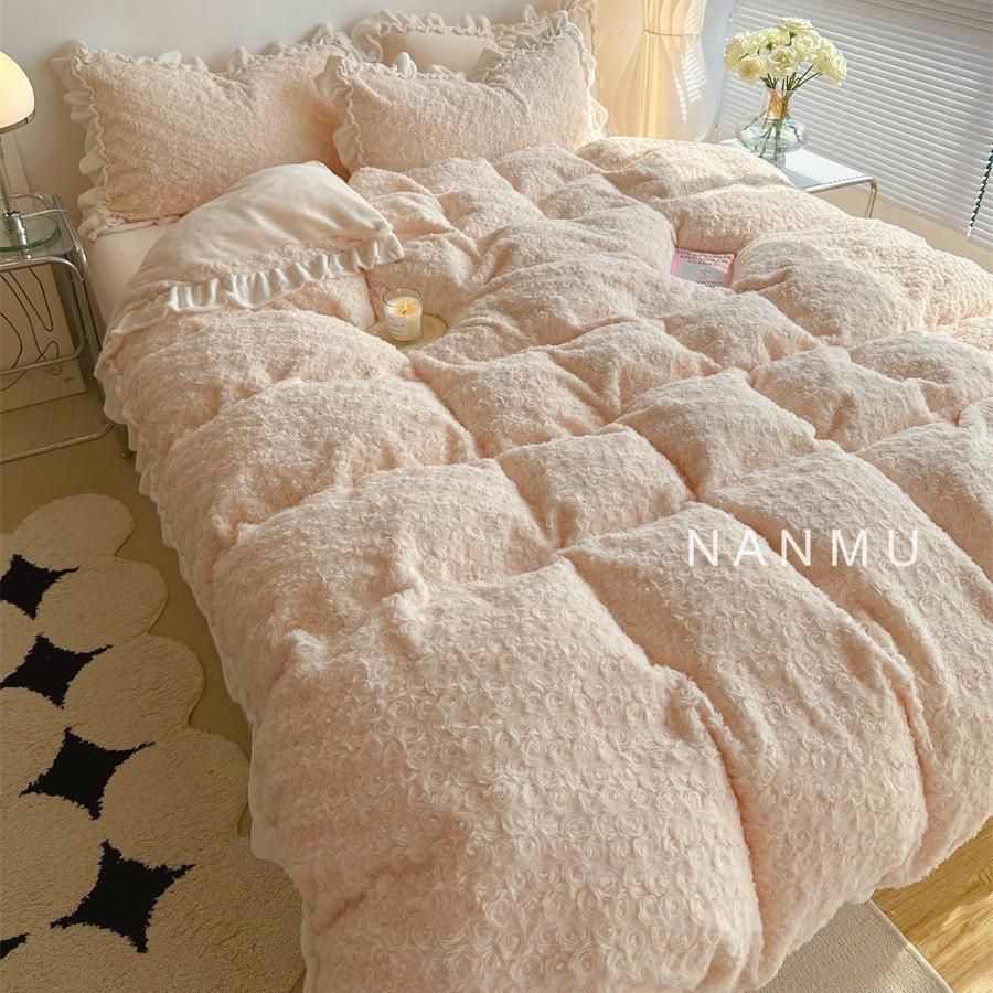 Cream Rose | Fairy Lace Thickened Milk Fleece Four-Piece Winter Rex Rabbit Fleece Fleece 1.8 Sheet
