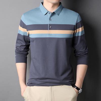 Spring and Autumn Men's Pullover T-shirt Thin Cotton Long-sleeved Bottoming Shirt Striped Lapel Polo Shirt Trendy T-shirt