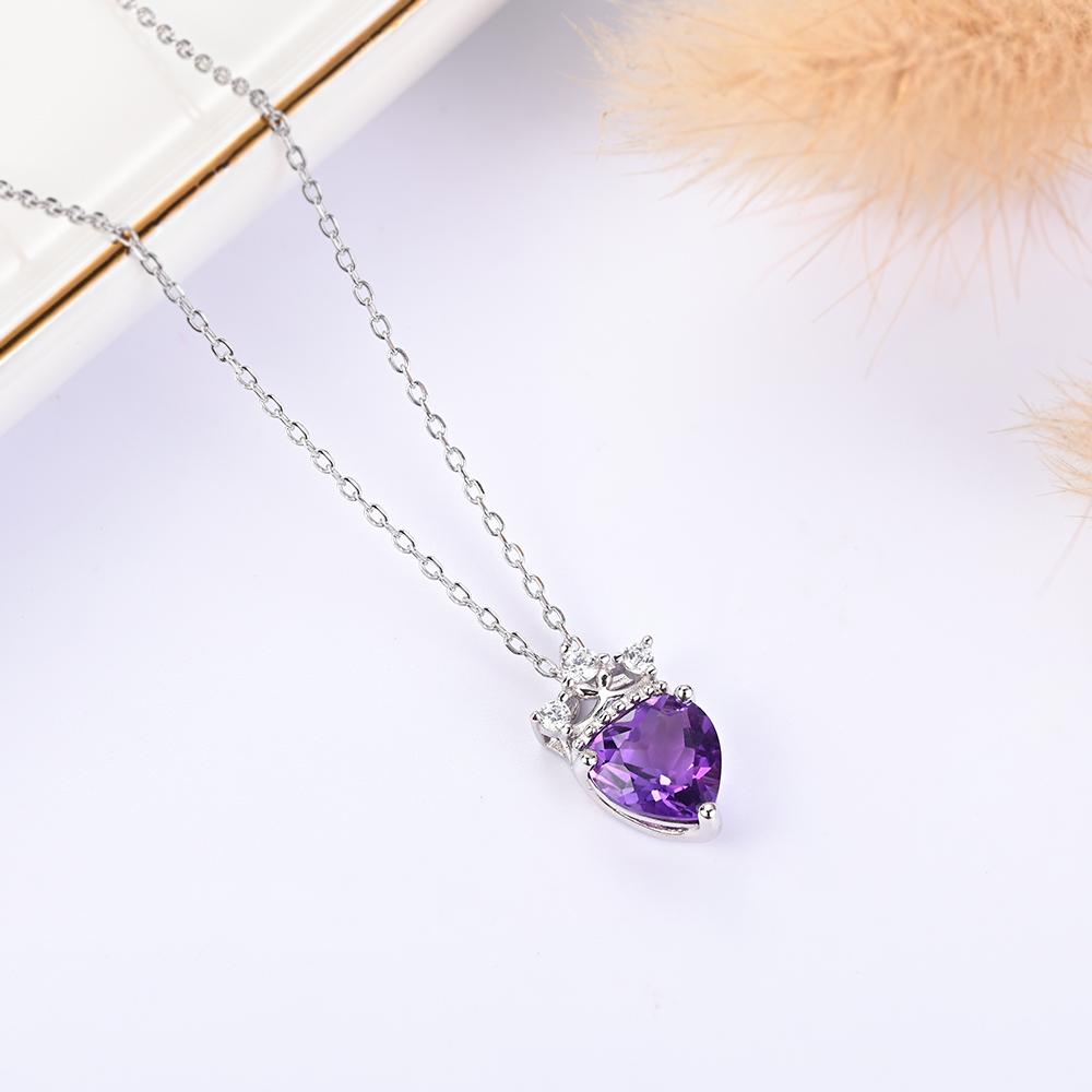 Heart 8.00mm nautral Amethyst pendant Crown design 925 Sterling silver necklace luxury fine jewelry for women's anniversary gift
