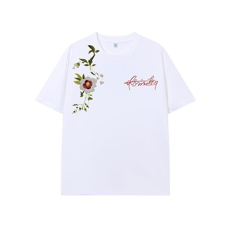 American Street Style Floral Wreath Embroidered Short Sleeve T-Shirt for Men and Women Summer Loose Heavyweight Loose Trendy Brand Half Sleeve