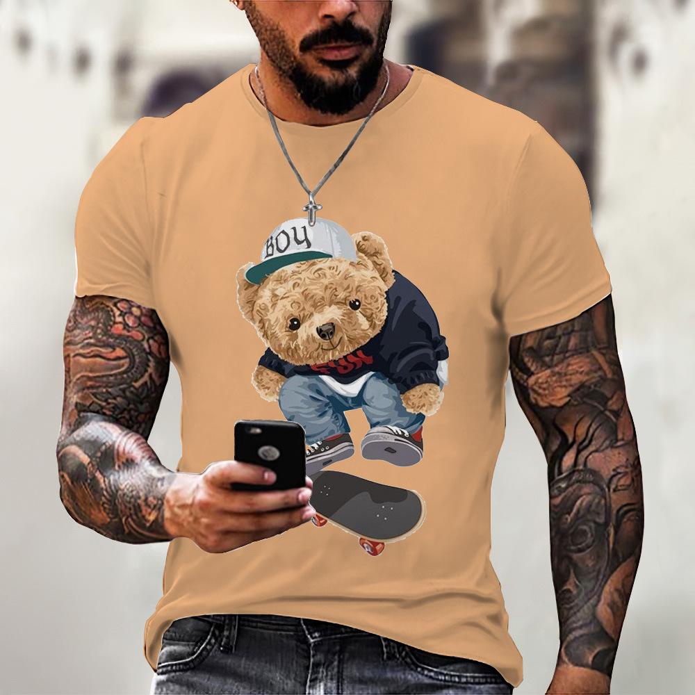 Men's T-shirt 2024 Summer New Round Neck Short Sleeved Bear 3D Printed Plus Size Top