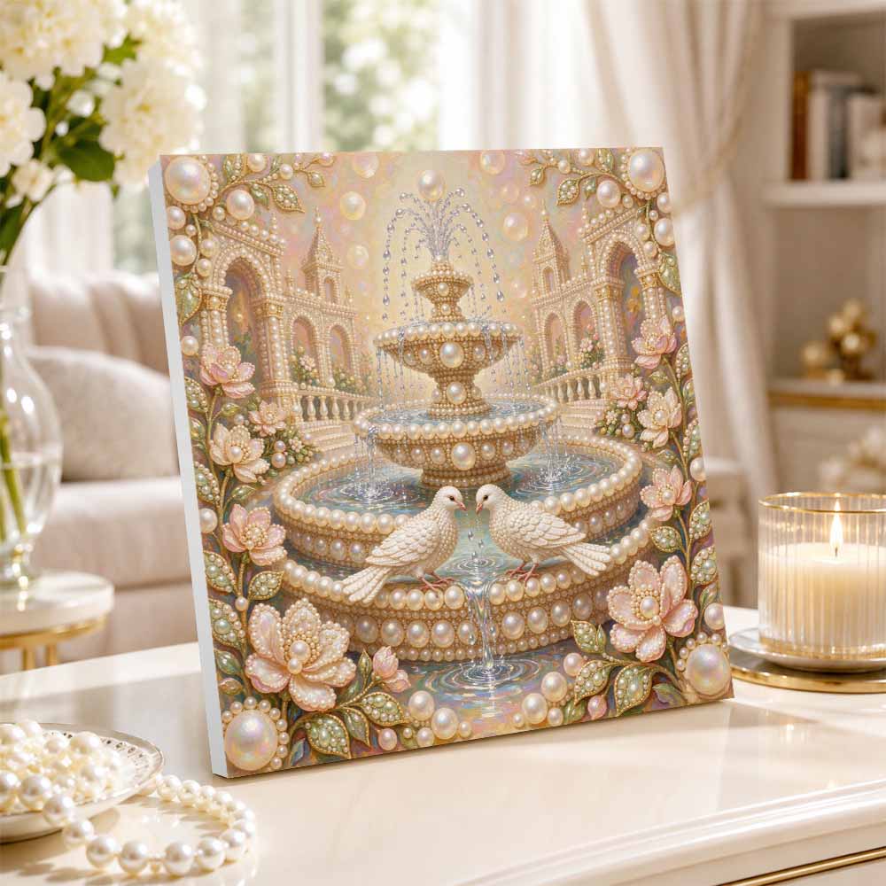 Pearl Painting 5D DIY Decorative Painting. Cute Birthday Gift. Elegant Palace Fountain With Doves And Flowers Handmade Art Painting