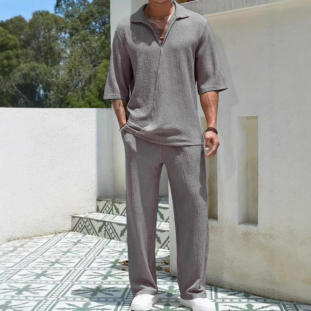 2025 Spring Men's Solid Color Casual Two-Piece Set: Short Sleeve Shirt & Long Pants