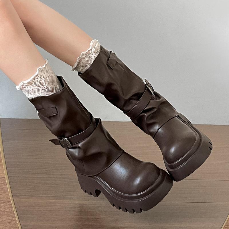 Winter Vintage Platform Thick Sole Woman Pipe Ankle Boots Design Belt Buckle Shoes Punk Style Leather Short Bottes Femmes