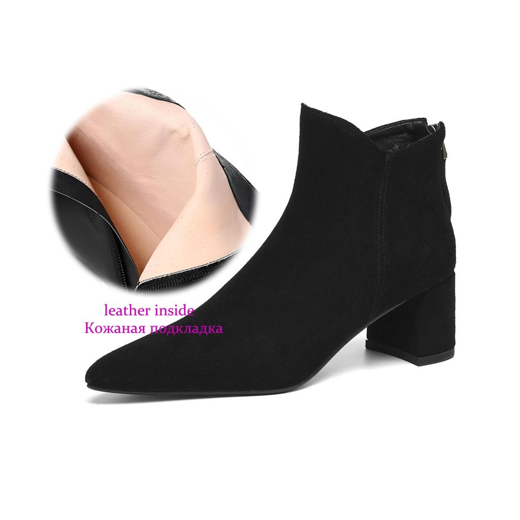 Krazing Pot Cow Suede Nubuck Pointed Toe Thick Heels Chelsea Boots Size 43 Zip Basic Clothing Women Ankle Boots