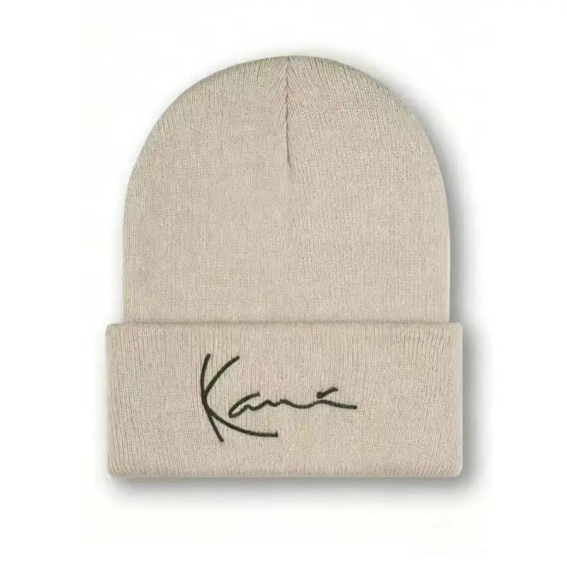 Karl Kani Retro Letter Embroidered Knitted Hat for Men and Women, Acrylic Double Layer Autumn/Winter Warmth Hooded Knitted Hat,