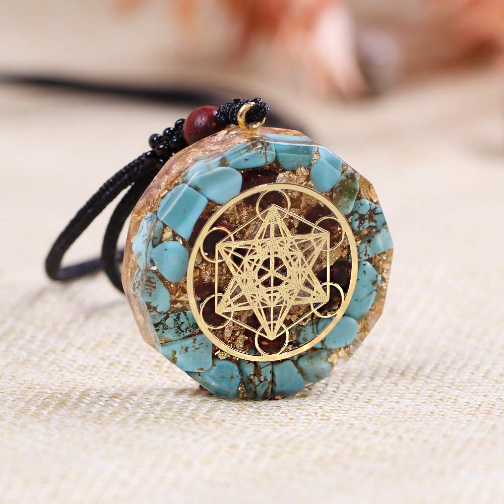Orgone Metatron Cube Merkaba Pendant Necklace, Om Crystal Stone Orgonite Pendant, Orgonite Chakra Necklace for EMF Protection (Blue, Adjustable Chain)