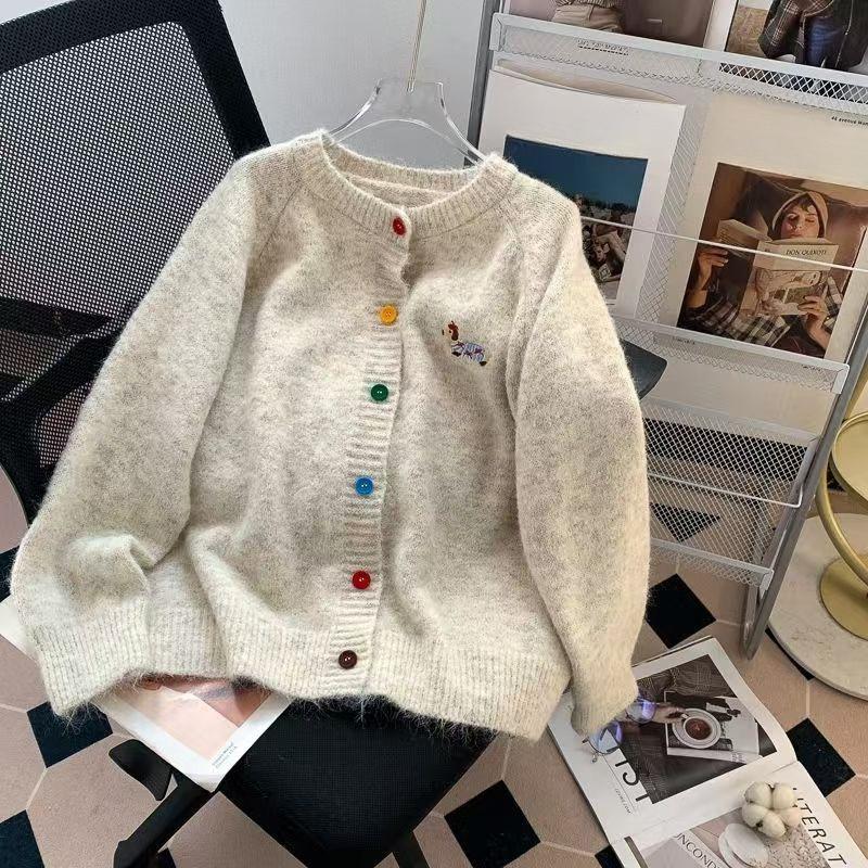 Korean-Style Crew Neck Dog Pattern Knit Cardigan for Women: Autumn Winter Versatile K-Style Sweater Top