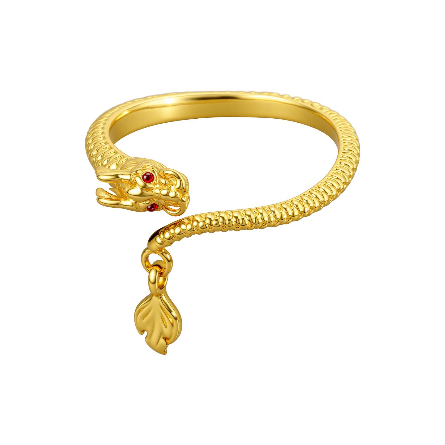 Eco-Friendly Gold-Plated Copper Ring with Red Zirconia Dragon Tail Pendant Adjustable Open Size