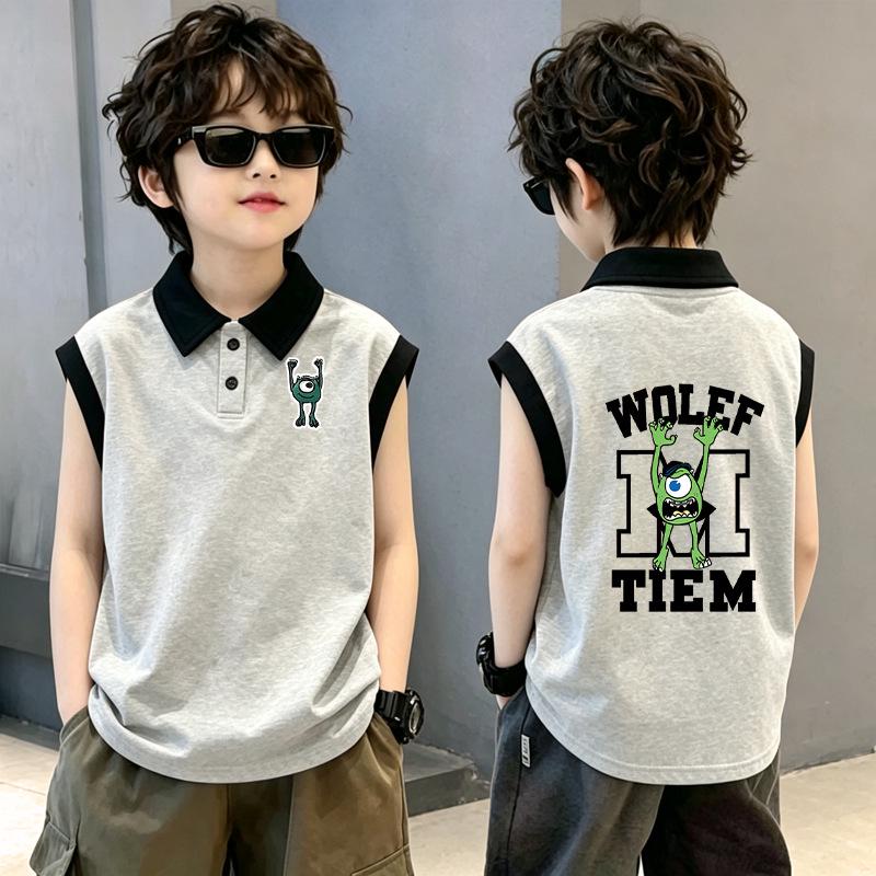 Boys' Trendy Cotton Color Block Polo Vest T-shirt with Stylish Lapel Patchwork - Sleeveless Summer Top for Medium and Large Children