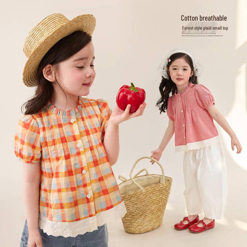 LUSON Girls  Plaid Short Sleeve Blouse 110