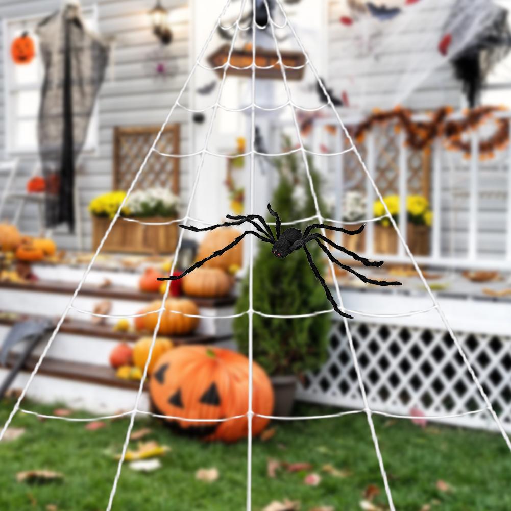 Halloween Triangular Spider Web with 8/6/5 Inch Spider Simulation Giant Spiderweb for Patio Garden Yard Haunted House Decor Prop