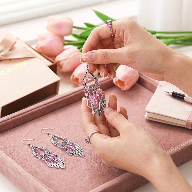 Ethnic Colorful Rhinestone Crystal Tassel Earrings For Women Vintage Niche Water Drop Shaped Earrings Vacation Daily Jewelry
