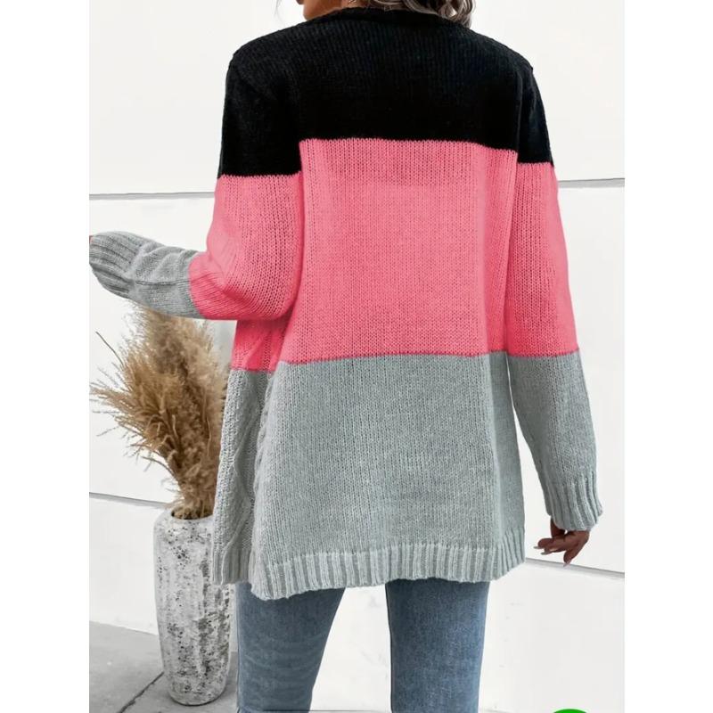 Women European American Lazy Style Striped V Neck Long Sleeve Knit Cardigan Sweater