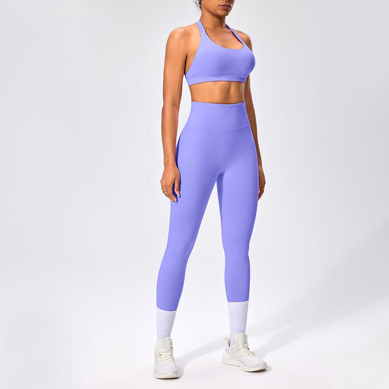 European & American Halter Neck Backless Sports Bra and High-Elastic Seamless Fitness Leggings Yoga Set for Women