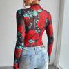 Spring and Summer Women Sheer Roses Floral Print Long-sleeved Small Stand-up Net Versatile Closet Essential Fashion Items Shirt