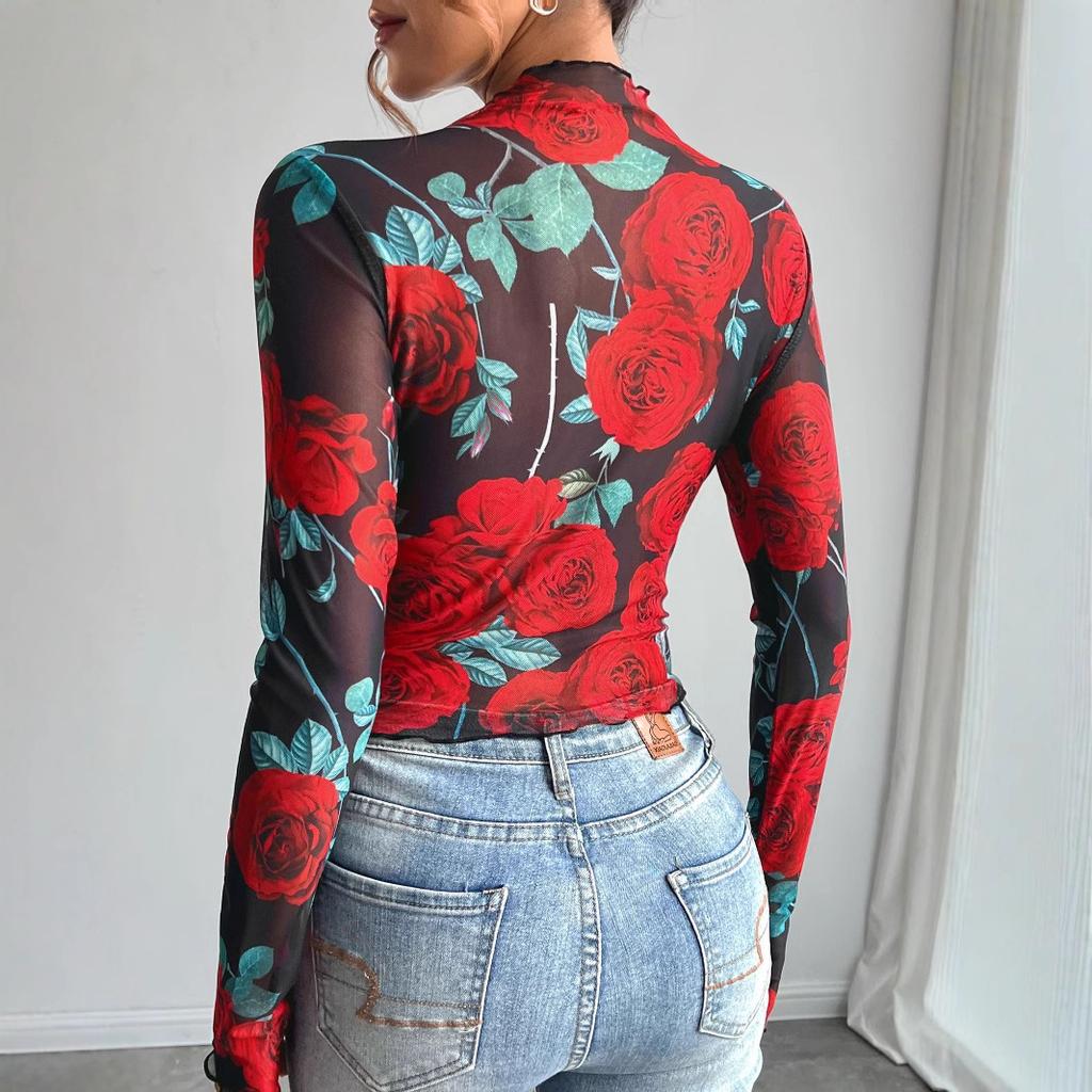 Spring and Summer Women Sheer Roses Floral Print Long-sleeved Small Stand-up Net Versatile Closet Essential Fashion Items Shirt