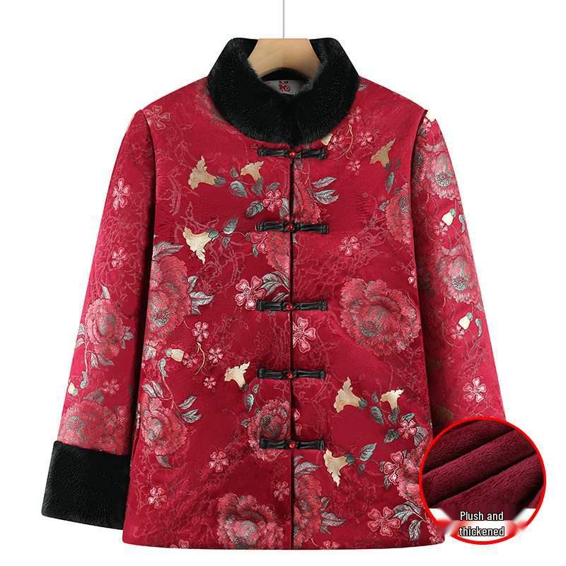 Winter Cotton Jacket for Elderly Women, Plus Velvet Thickened, Chinese Style, Ideal for Women Aged 70-80.