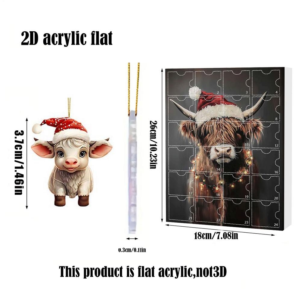 Christmas Highland Cow Advent Calendar 24pcs 2D flat Xmas Tree Interesting Highland Cow Hanging Ornaments Kids Xmas Gifts