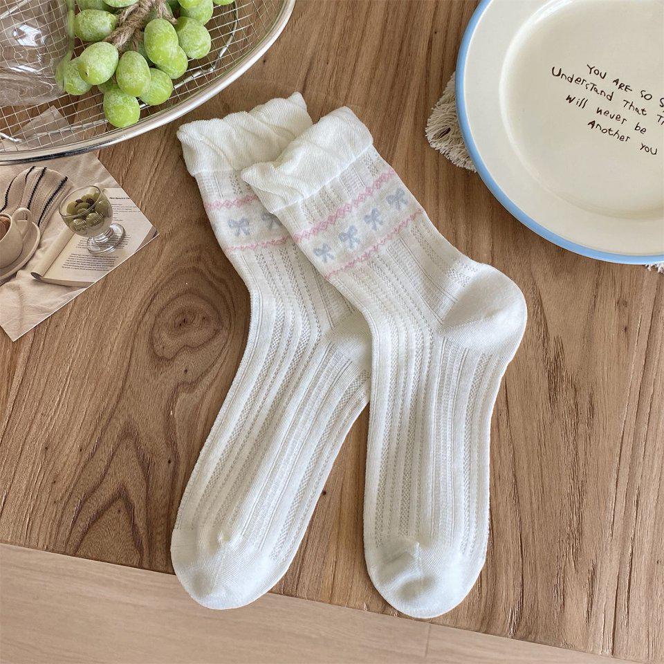 Retro Fair Isle Ruffle Bow Mid-Calf Socks for Women - Cute Lace Academy Style Slouch Socks