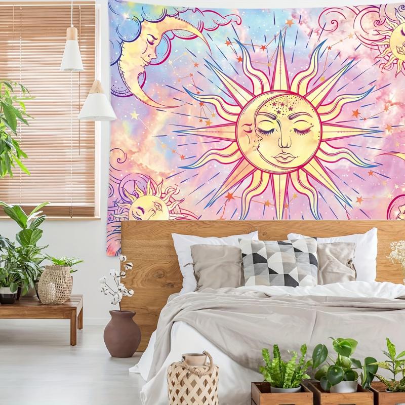 VIKAMA Pink Purple Sun Moon Star Tapestry Bohemian Style Cosmic Nebula Dreamy Girl Style Living Room Decoration