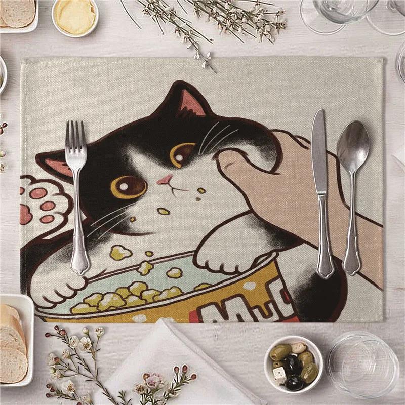 Cute Kiss Cat Pattern Kitchen Placemat Dining Table Mats Drink Coasters Western Pad Cotton Linen Cup Mat 45*32cm