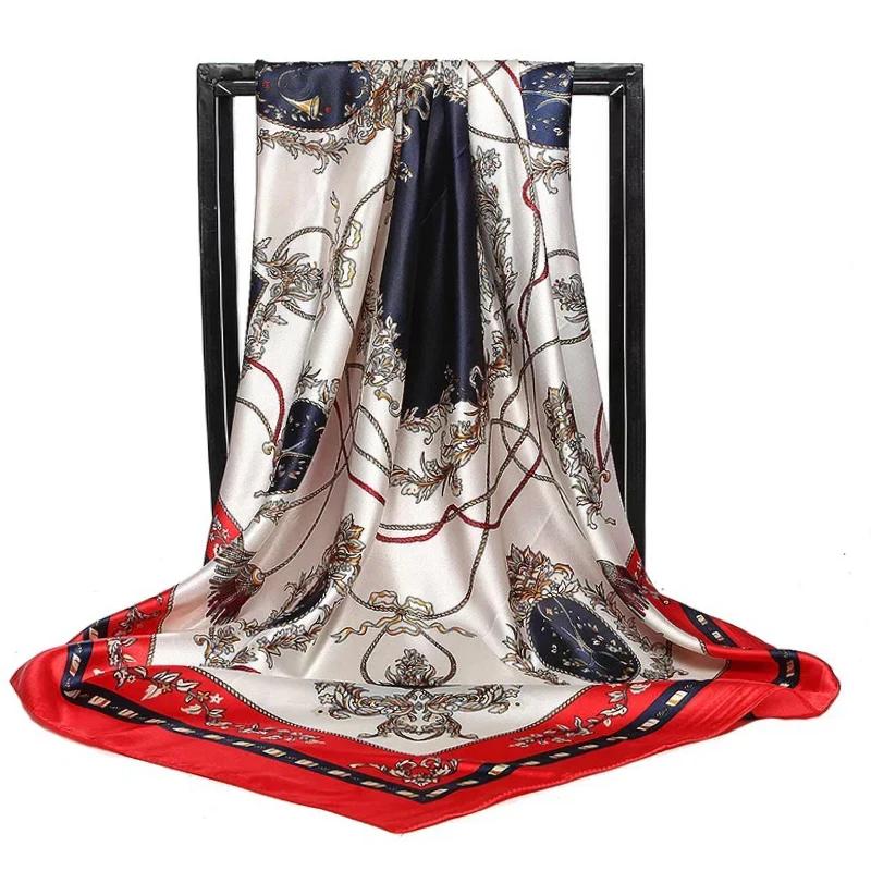 90*90Cm Satin Scarf For Women Cashew Flower Print Chain Scarf Spring And Summer  Style Shawl Scarf For Women   Style