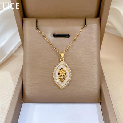 Rhombus Rose Light Luxury Temperament Gorgeous Full Diamond Necklace Women'S Versatile Collarbone Chain Titanium Steel Chain