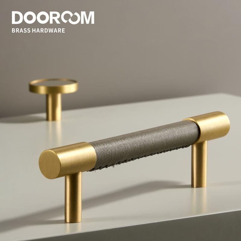 Dooroom Brass Real Leather Furniture Handles Light Luxury Grey Wardrobe Dresser Cupboard Cabinet Drawer Pulls Easy Maintenance