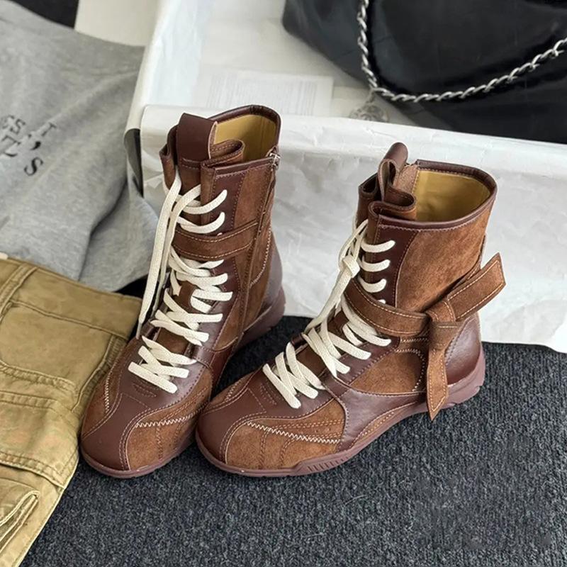 Cowhide Version~ Retro Matte Niche Martin Boots Lace-up Boxing Boots Round Head Short Boots Women's Versatile Mid-tube Western Women