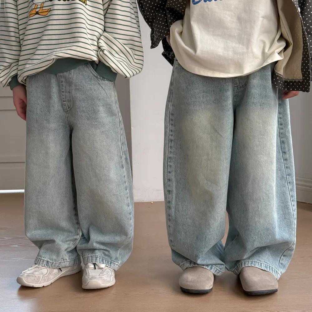 Children's Pants Spring Edition Boys and Girls Korean Color Casual Denim Straight Leg Pants Children's Loose Wide Leg Pants
