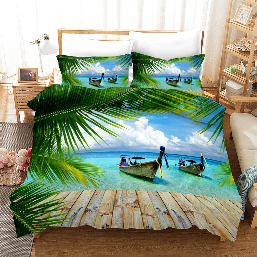 Strand Bettbezug Set Sommer Strand Dekor Hawaiianischer Urlaubsstil Bettwäsche Set Polyester Palme Tropische Natur Meer Steppdecke