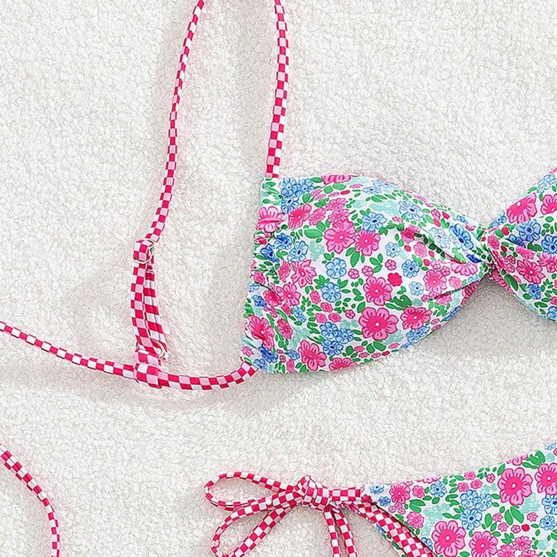 Sexy Pink Floral Print Micro Bikini Women Pleate Cross Push Up Bra Triangle Swimsuit Beach Bathing Suit Holiday Swimwear