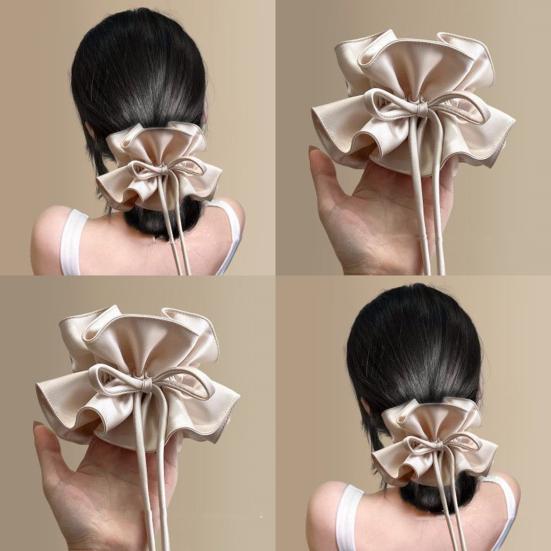 Hair Tie Double Layer Pleated Bowknot Design Hair Band Adjustable Elastic Hair Rope Soft Non-Slip Hair Accessory