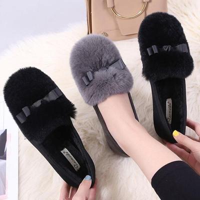 Fashion 2025 Winter Plush Fur Flats Shoes Woman Rabbit Hair Bowtie Moccasins Warm Wool Loafers Femme Office Dress Shoes Ladies Fur Boots