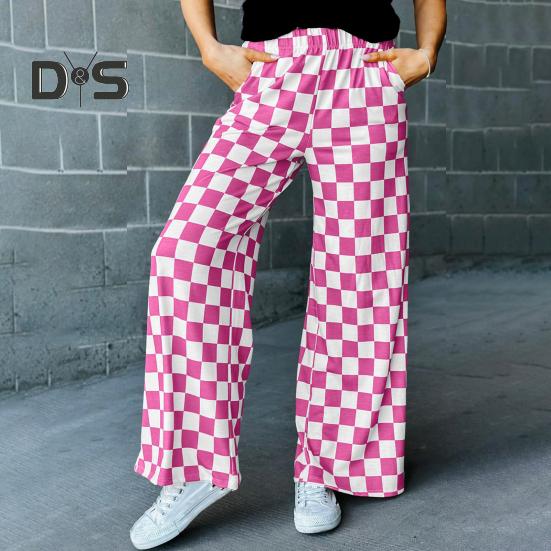 Damenhose, elastisch, hohe Taille, karierter Druck, weites Bein, Freizeithose, lockere Passform, Hose für Urlaub, Arbeit, Alltag