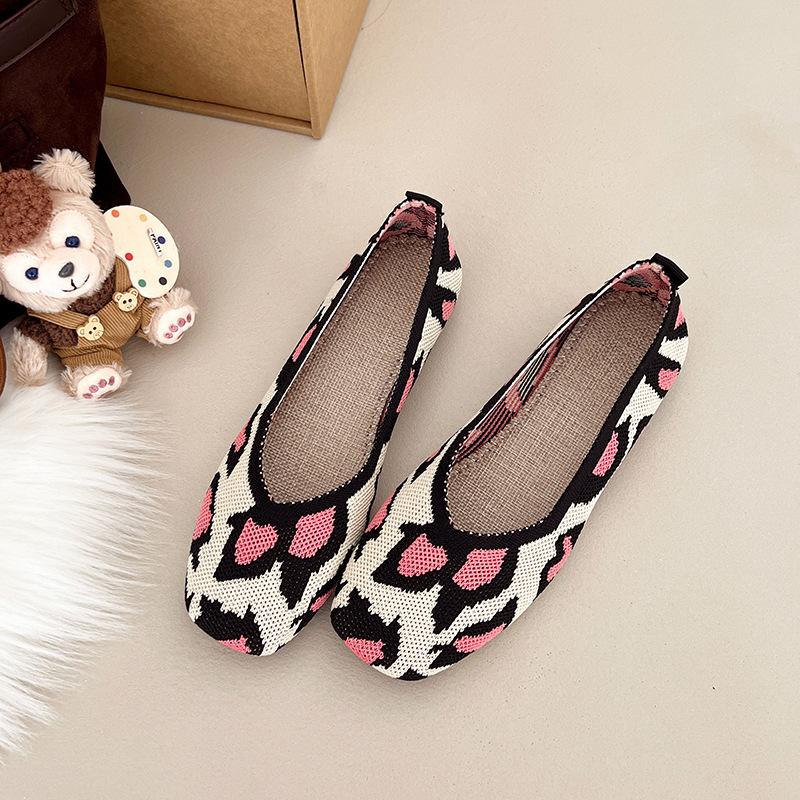 Fashion Women Leisure Flats Summer Autumn Flat Shoes Breathable Knitted Leopard Print Slip-on Female Daily Walking Driving Loafers