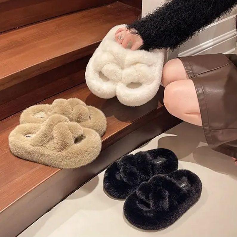 Internet Celebrities Casual Versatile Velvet Thickened Warm 2025 Autumn and Winter New Indoor Wool Cotton Slippers Women's One-word Drag