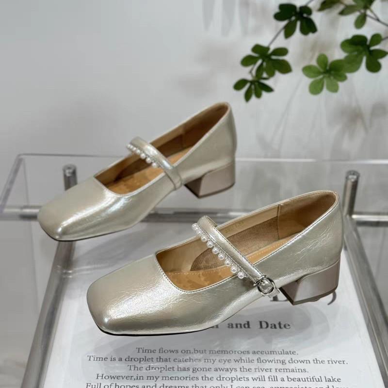 Fashion casual French pearl with flat Mary Jane shoes women's 2025 summer wear versatile thick heel single shoes