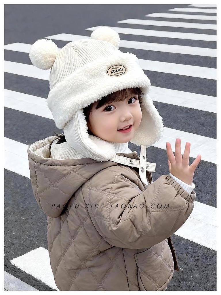 Children's Winter Hat with Fleece Lining, Windproof Corduroy Design, and Lambswool Ear Protection