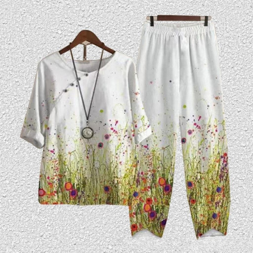 Women's Loose Fit Floral Printed Two Piece Outfit Half Sleeve T-Shirt Elastic Waist Pantsuit