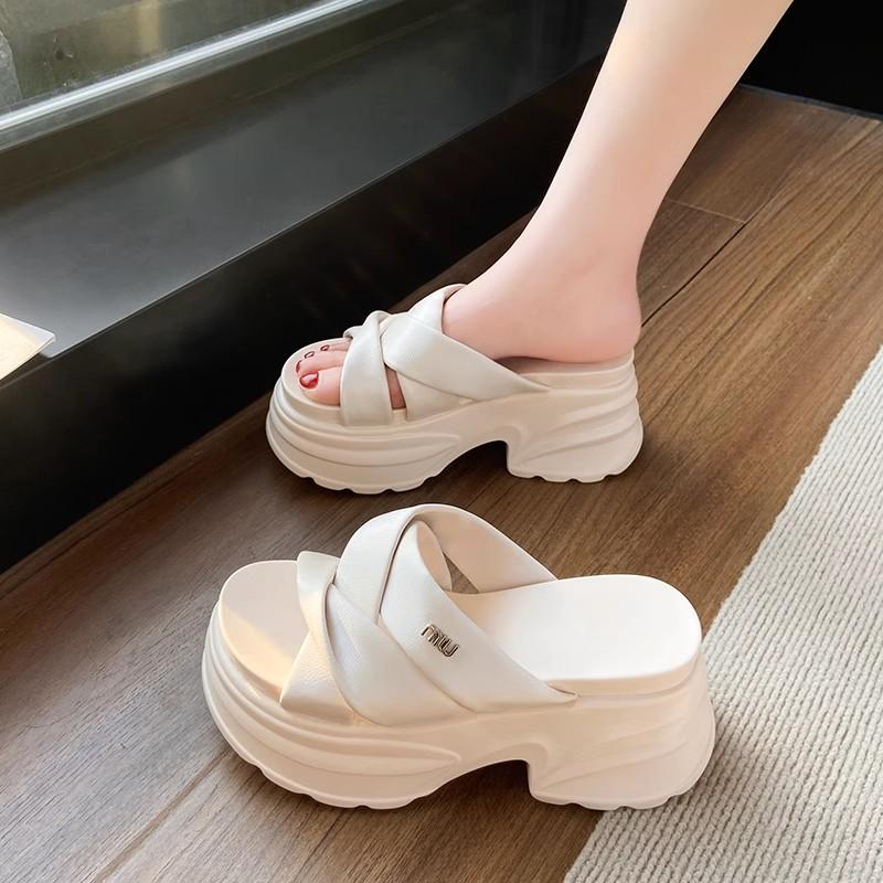 

Summer Chunky Sandals Women s Thick Bottom Wedge Heels Slides 8CM High Heels Platform Leather Casual Beach Flip Flops Woman 35 бежевий