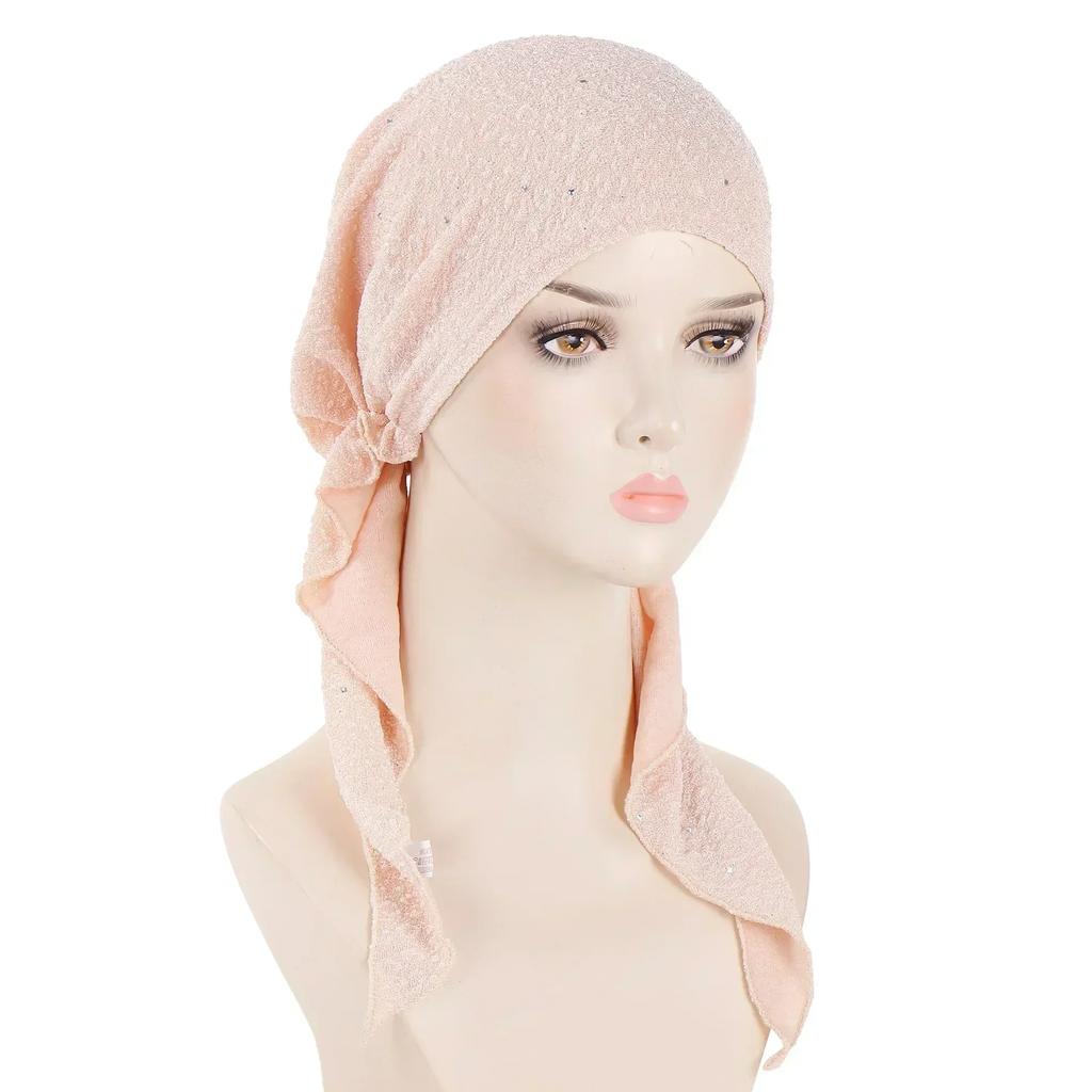 New Shimmer Pre-Tied Hat Women Muslim Hijab Turban Long Tail Headscarf Beanies Bonnet Hair Loss Chemo Cap Head Wrap Bandanas