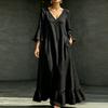 Women's Casual Color Cotton Linen V-Neck Three-Quarter Sleeve Dress with Pockets Loose Fit