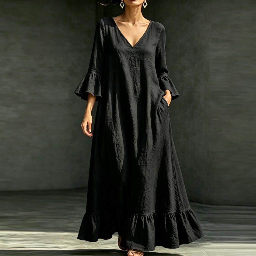 Women's Casual Color Cotton Linen V-Neck Three-Quarter Sleeve Dress with Pockets Loose Fit