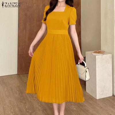 Women Square Collar Summer Casual Short Sleeve Dress