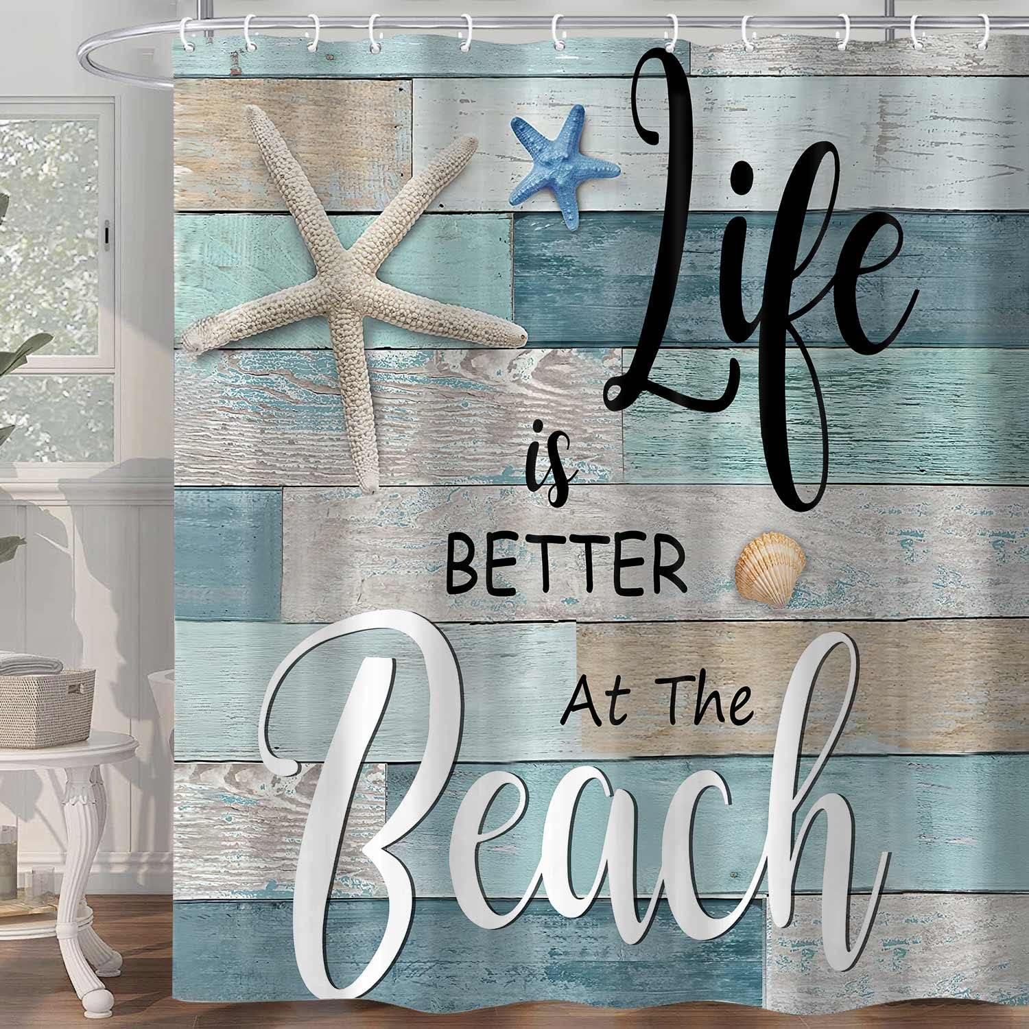 

Blue Beach Barn Door Shower Curtain, Rustic Country Ocean Coastal Seaside Scenery Decor Bath Curtains, Retro Teal Wood Waterproo 120x180cm