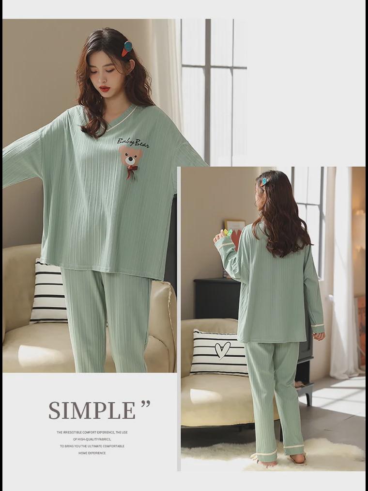 Women's Cotton V-Neck Pajama Set - Long Sleeve, Solid Color, Bear Print, Loose Fit, Spring/Autumn
