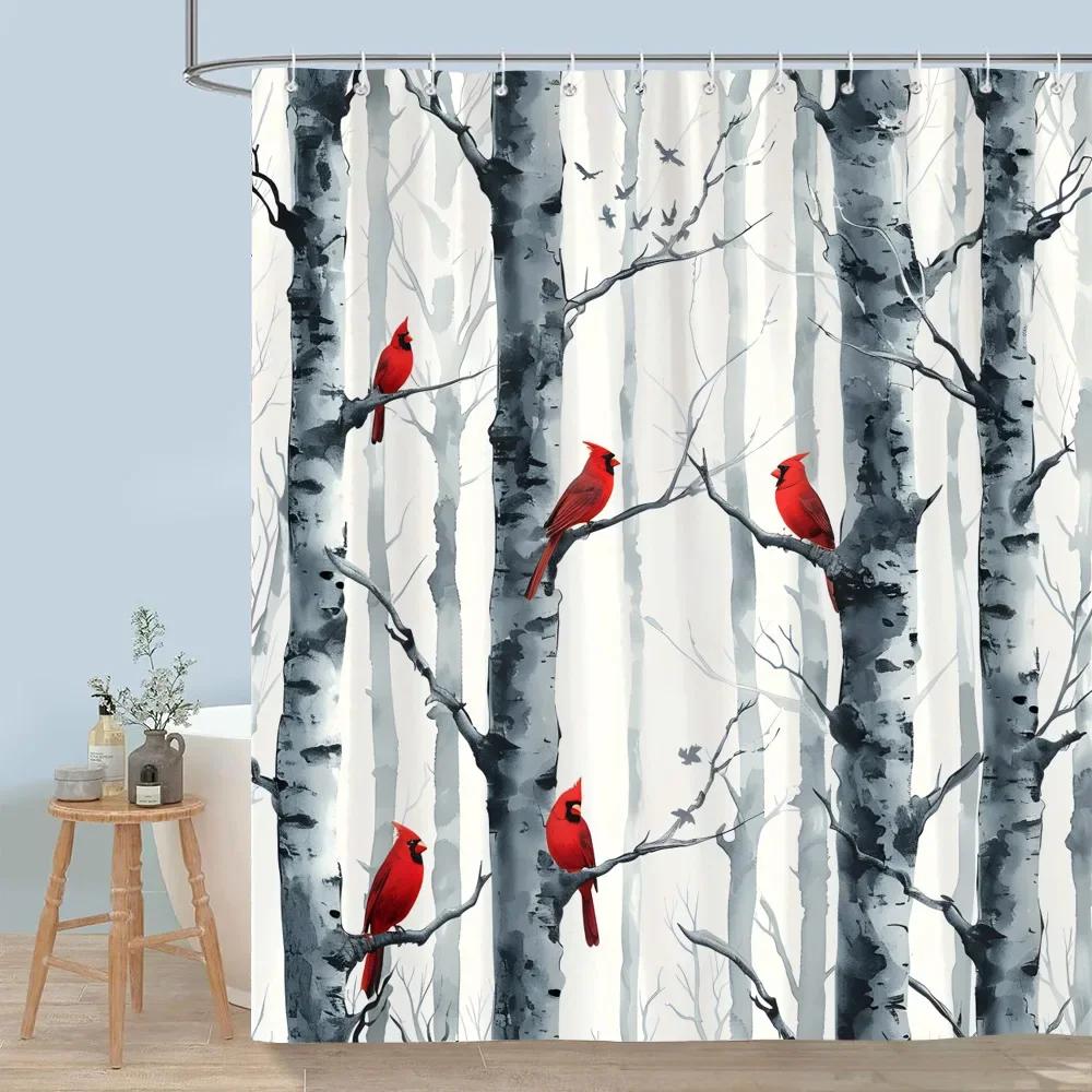 Cute Forest Animals Shower Curtain Winter Snow Fox Red Bird Deer Bear Rabbit Polyester Shower Curtains Bathroom Decor with Hooks